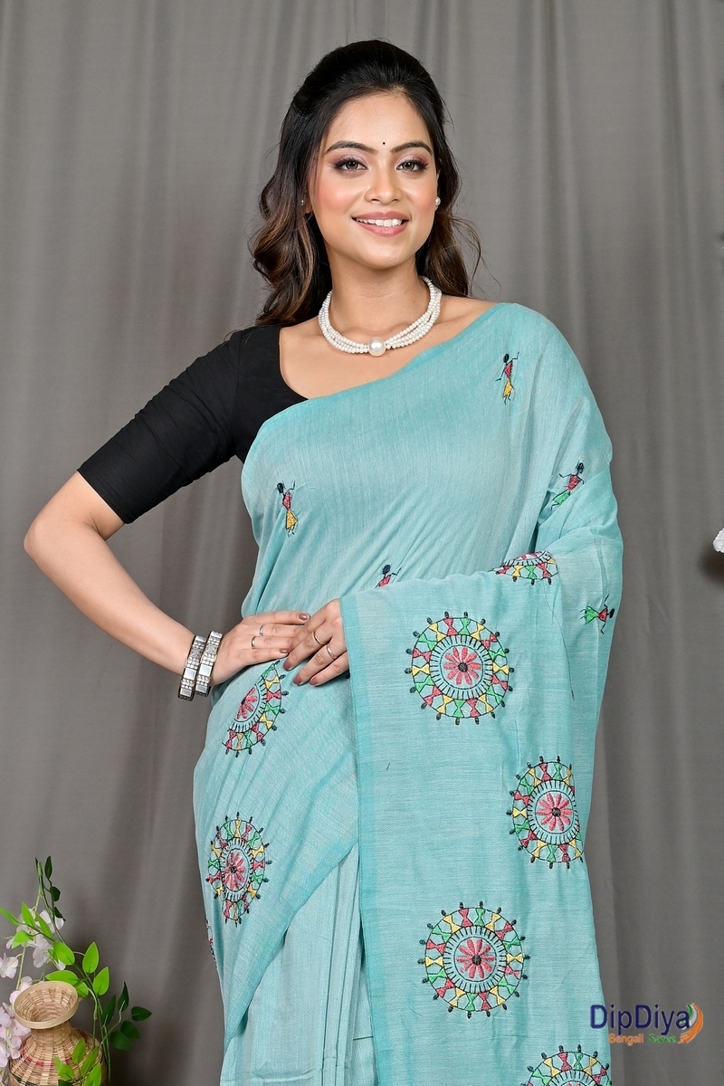 Sky Blue Pure Cotton Parama Embroidery Handloom saree (287)